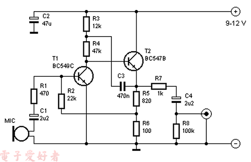 两个晶体管的麦克风前置放大器