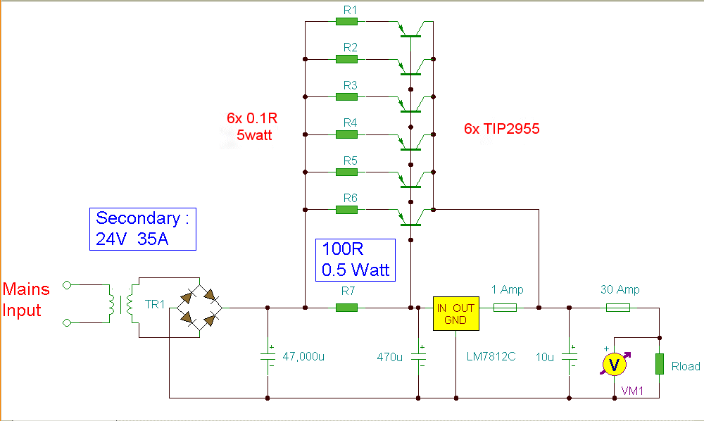 由7812和外部三极管构建的12伏30安培电源