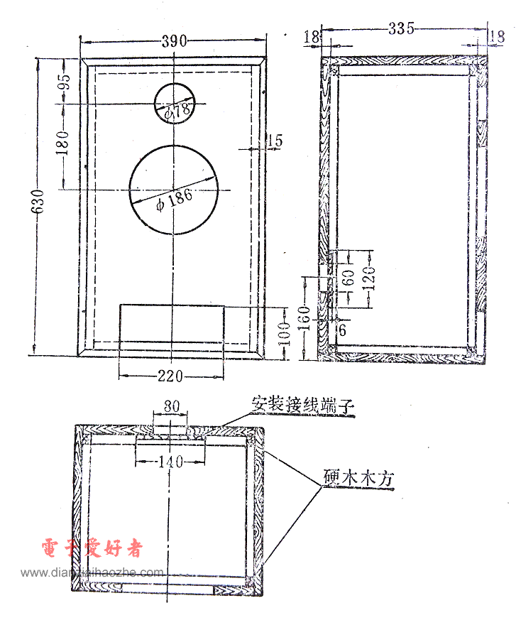 音箱图纸：200毫米扬声器倒相式音箱（方形倒相孔）